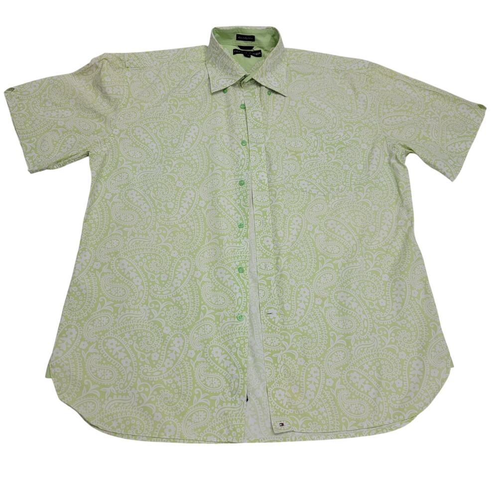 Tommy Hilfiger Shirt Mens XL Green White Paisley Short Sleeve Button Down Y2K